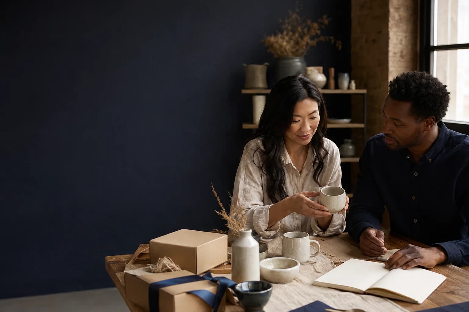 People planning a gifting project around a studio table