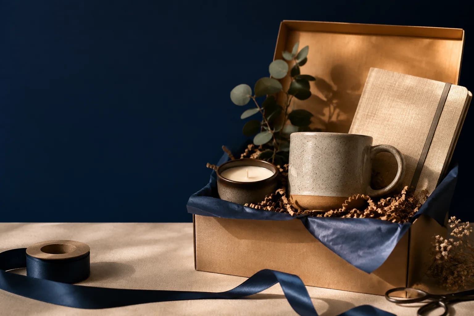 Curated gift box with ceramic mug and linen notebook