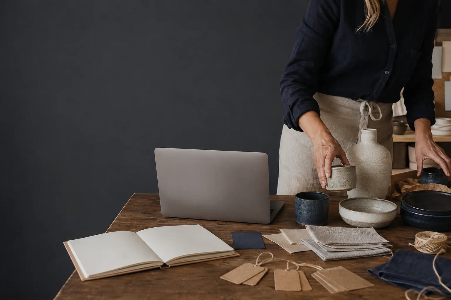 Product and packaging samples arranged in a merchant studio